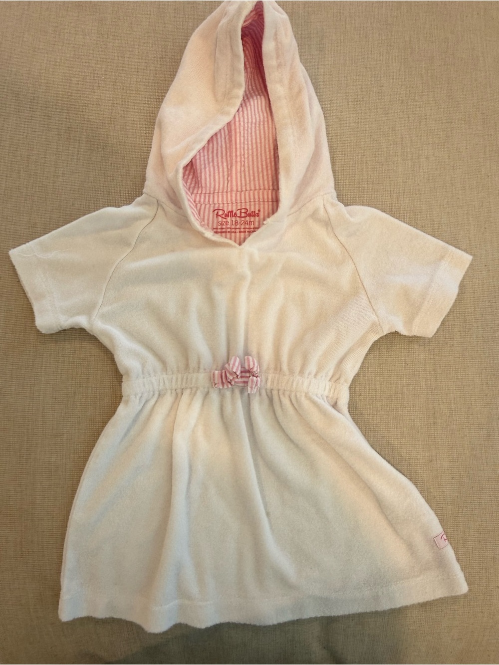 Ruffle Butts Cream Hooded Terry Dress with Pink Lined Hood